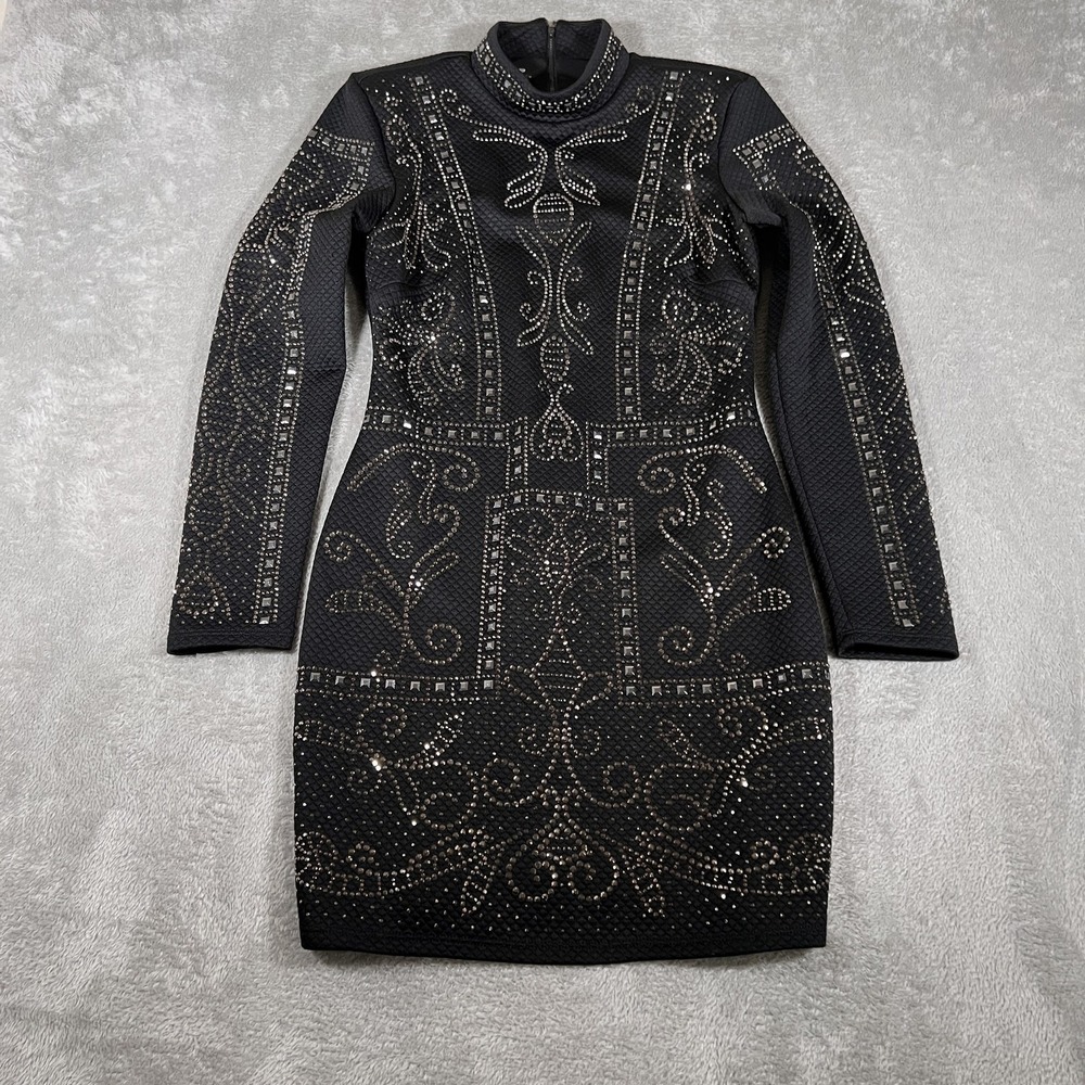 Bebe Dress Womens Medium Bodycon Studded Rhinestone Long Sleeve Mini Made in USA